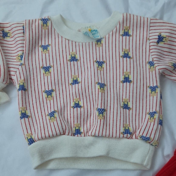Vintage Red Baby Overalls with Bear Patch and Striped Sweater - Picture 4 of 8